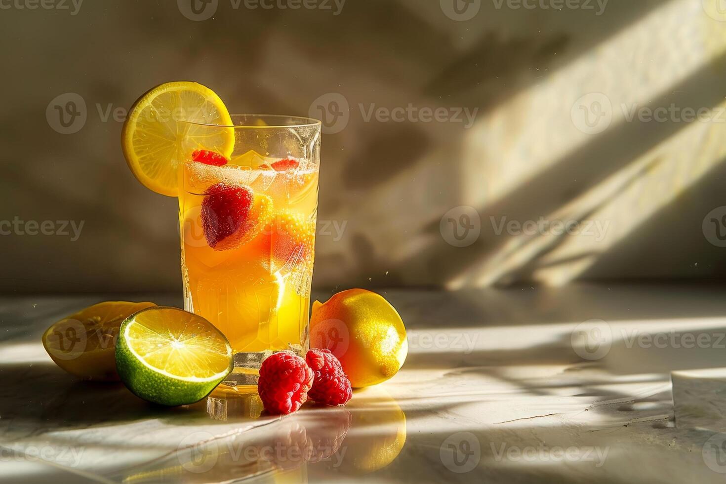 A refreshing drink featuring raspberries and lemon is beautifully presented on a marble table, illuminated by warm sunlight. Fresh fruit enhances the vibrant appearance photo
