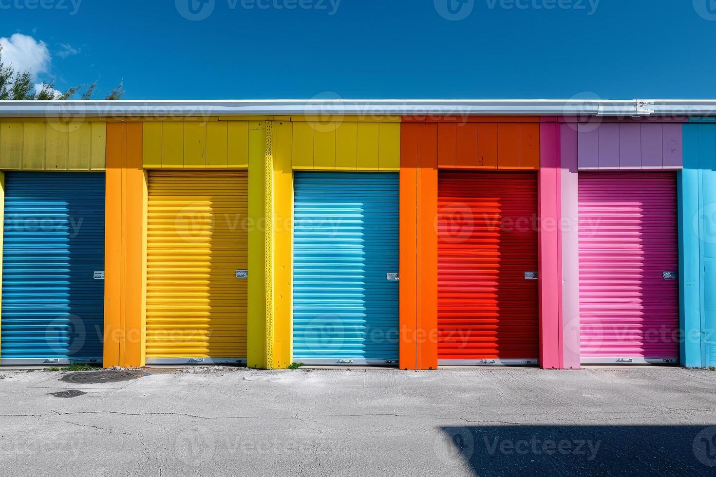 A row of colorful storage units with a blue one in the middle photo