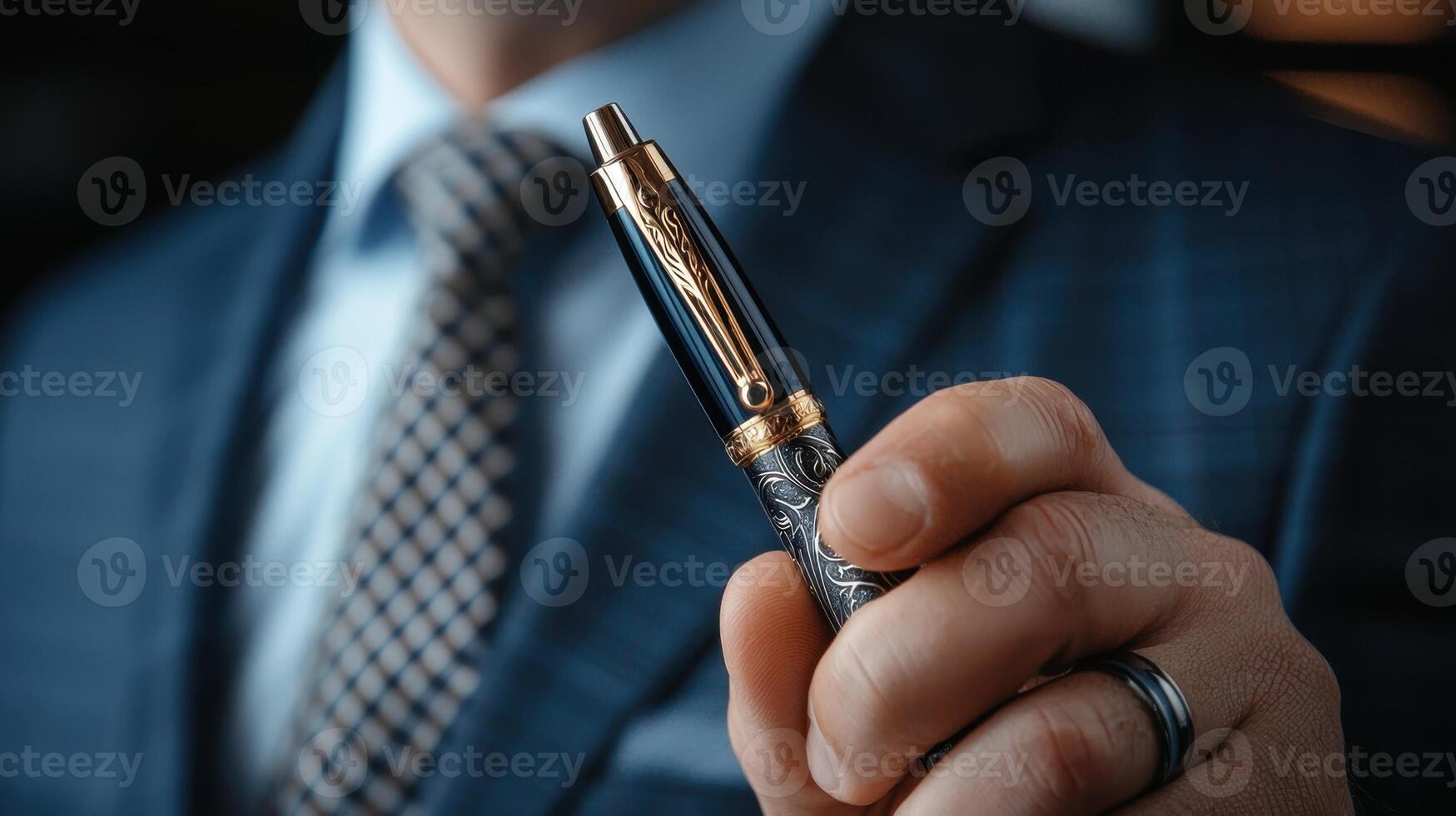 A professional man in a formal suit holds a luxurious pen, showcasing fine details of the writing instrument. The setting reflects a business environment, with a stylish background photo