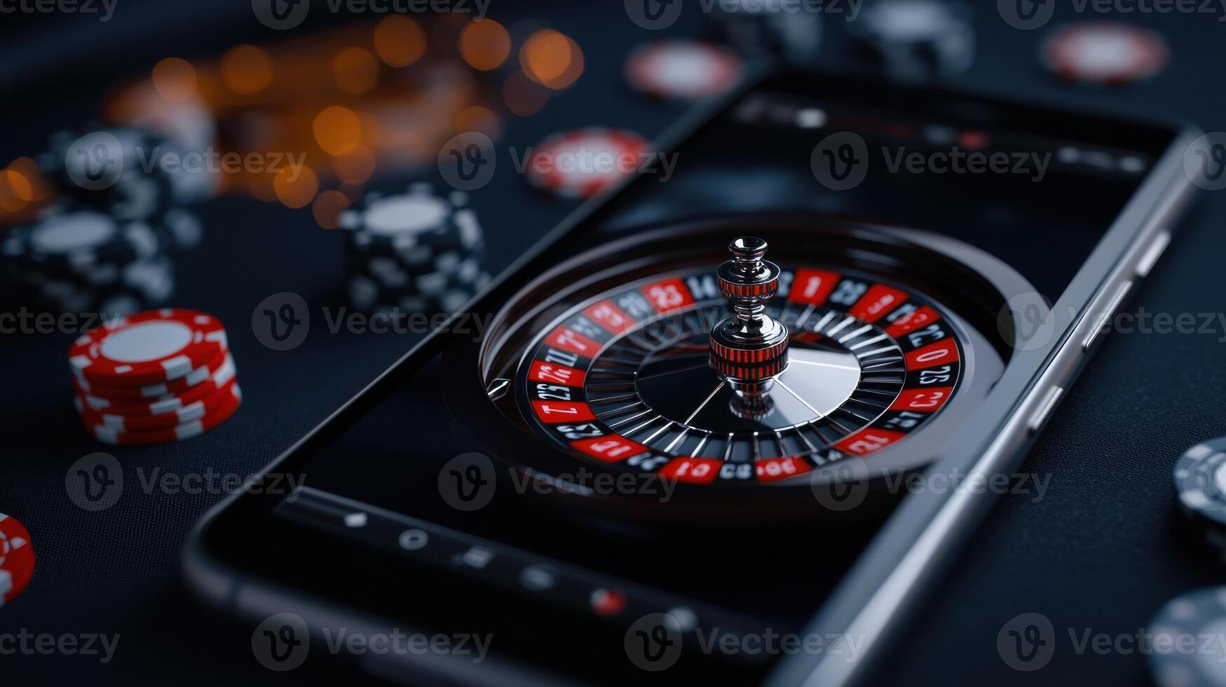 A smartphone rests on a gambling table, showcasing an online roulette game. Surrounding it are stacks of colorful casino chips, creating an engaging atmosphere for players photo