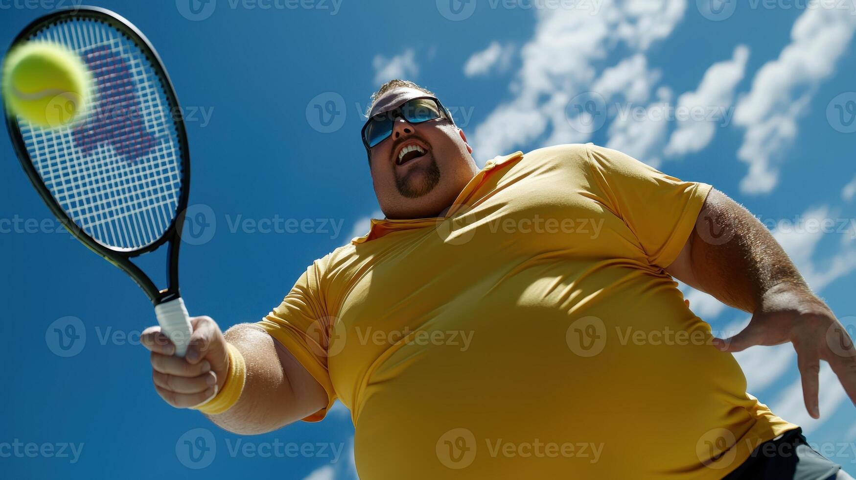 A man in a yellow shirt and sunglasses swings a racket, ready to hit a tennis ball. He's at an outdoor tennis court, enjoying the warm weather and vibrant atmosphere photo