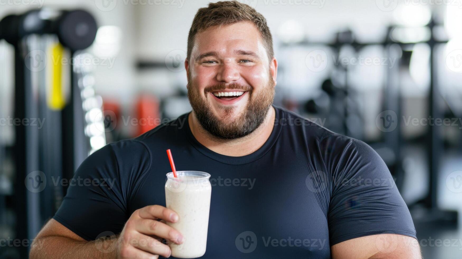 A muscular man with a beard smiles broadly, holding a protein shake in a gym filled with equipment. He conveys a sense of enjoyment after a workout, promoting fitness and nutrition photo