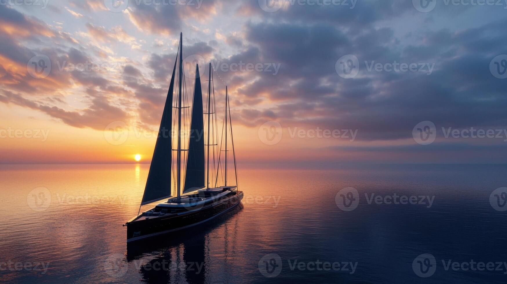 A majestic sailboat with tall sails navigates smooth waters as the sun sets on the horizon, casting vibrant colors across the sky and reflecting on the sea photo