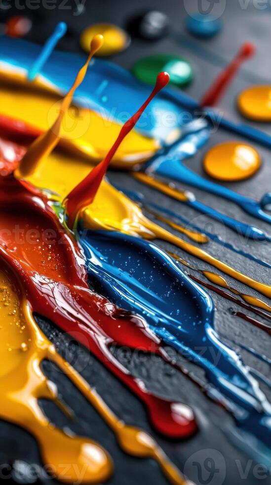A painting of splatters of paint with a splash of red in the middle photo