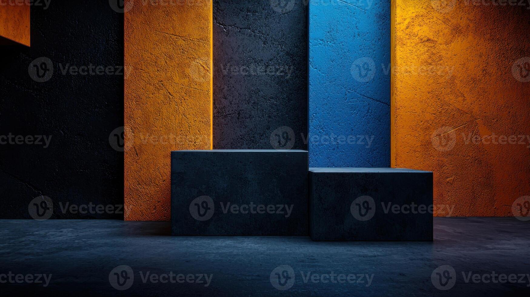 Three blocks in front of a wall with orange, blue and black stripes photo
