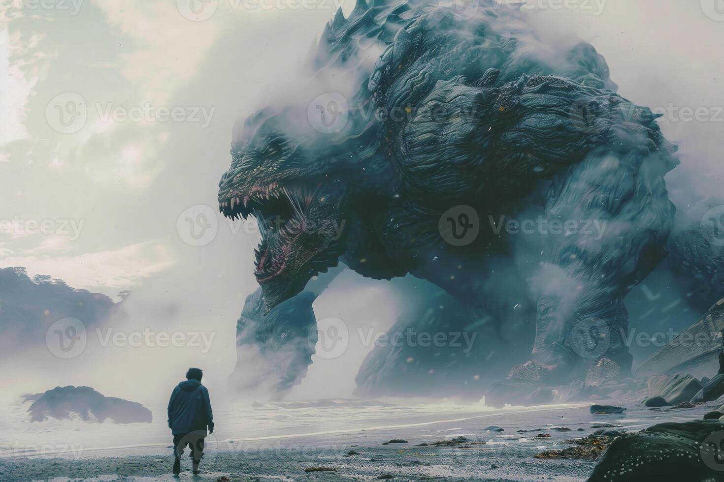 A man standing on the beach looking at a monster photo