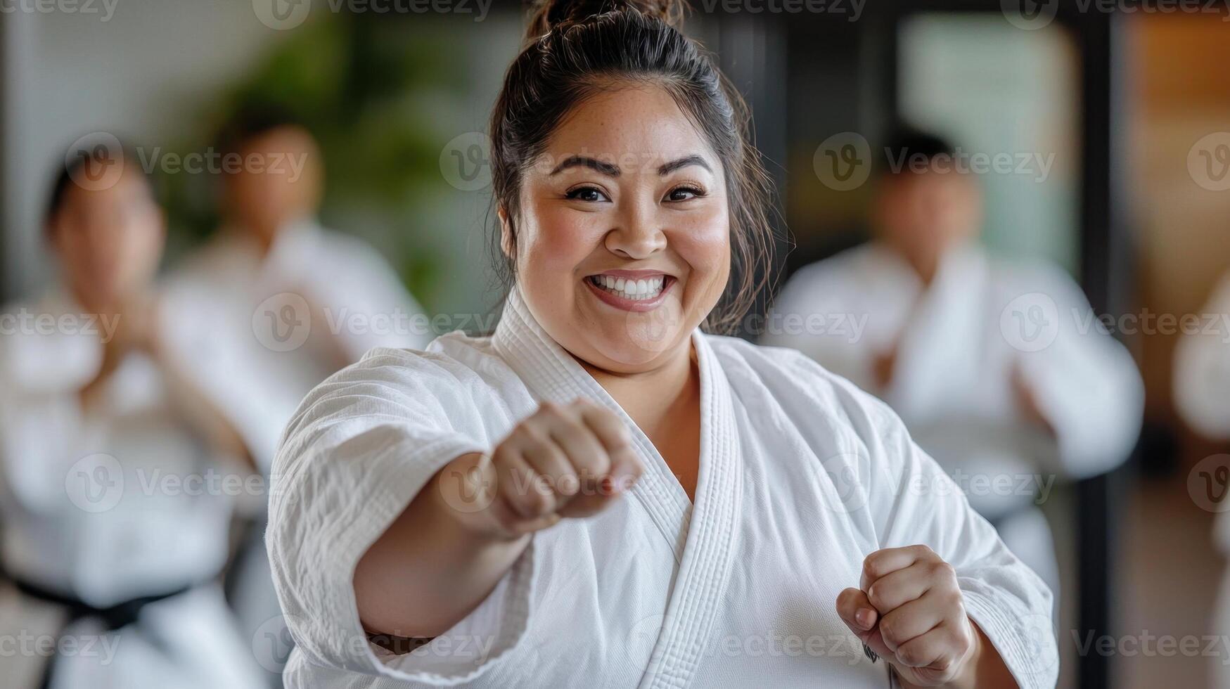 A woman in karate gear smiling at the camera photo