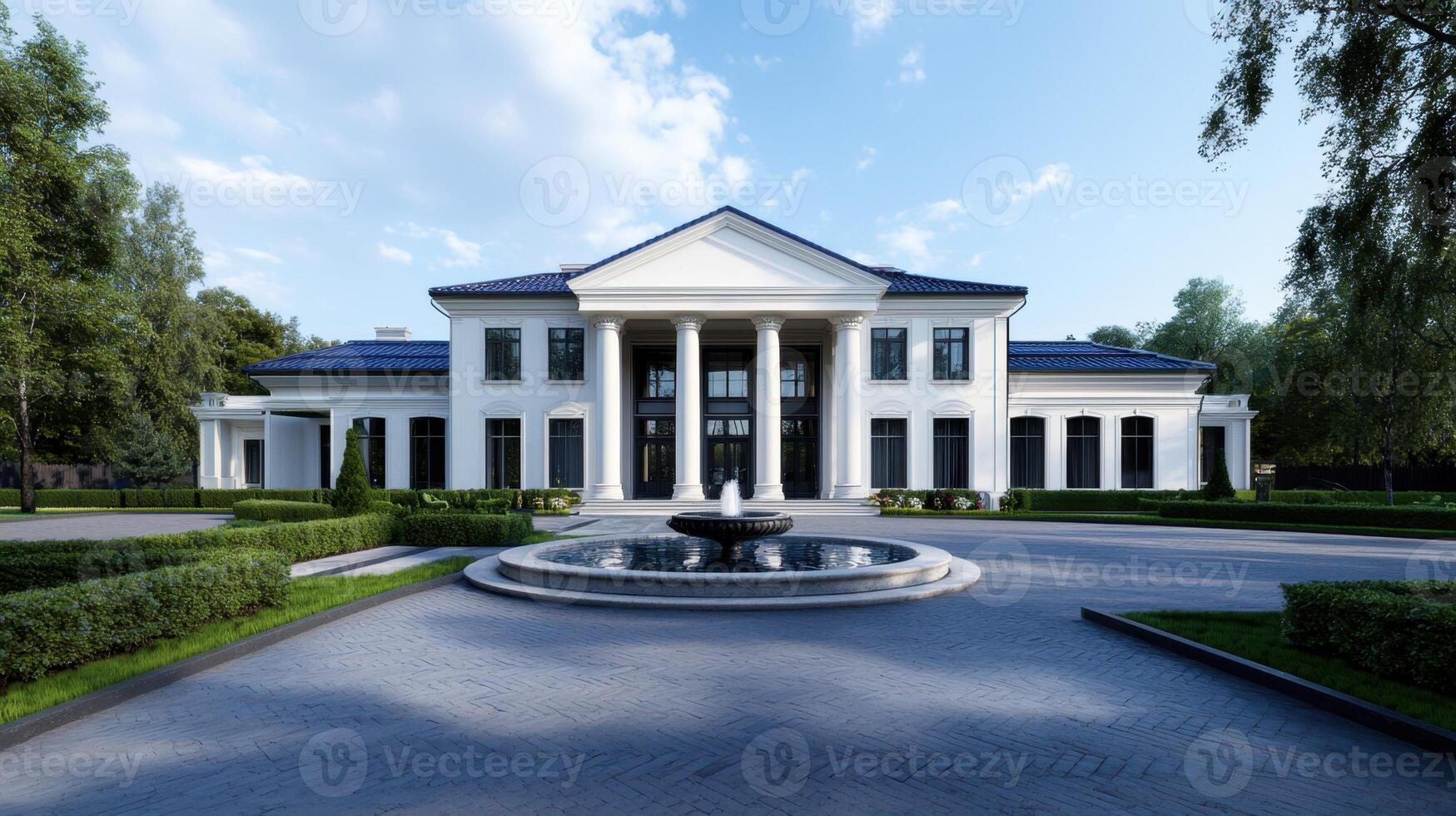 A large white mansion with a fountain in the middle photo