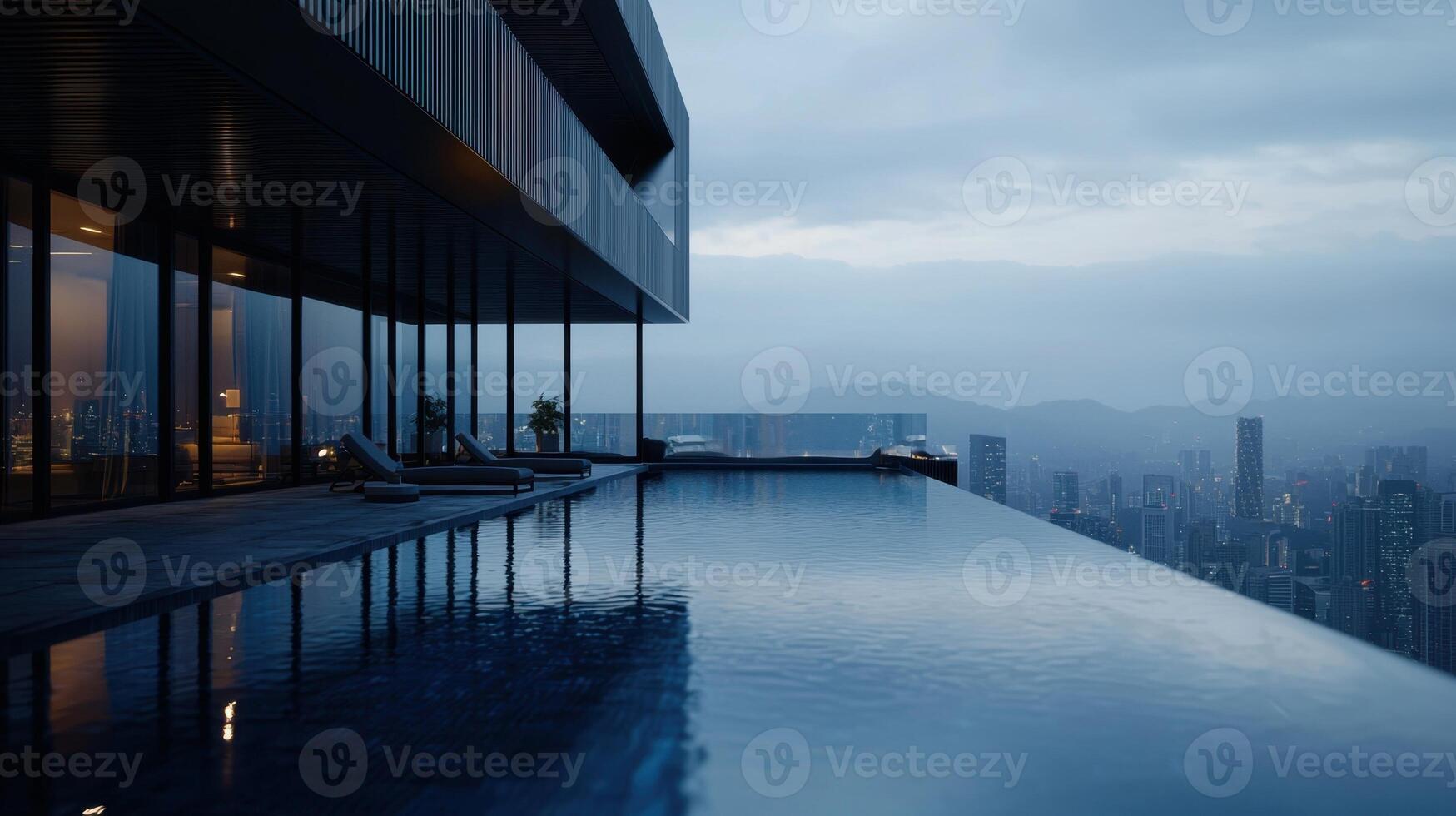 A pool in front of a building overlooking the city photo