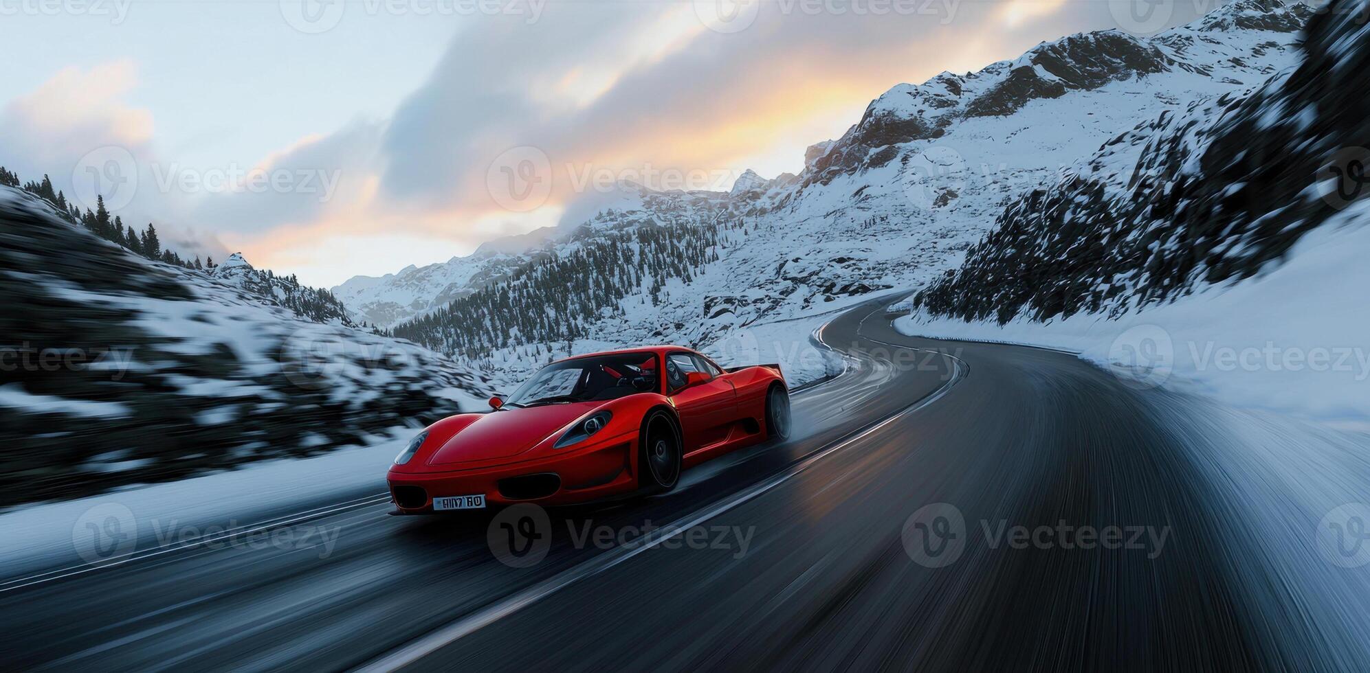 A red sports car driving down a mountain road photo