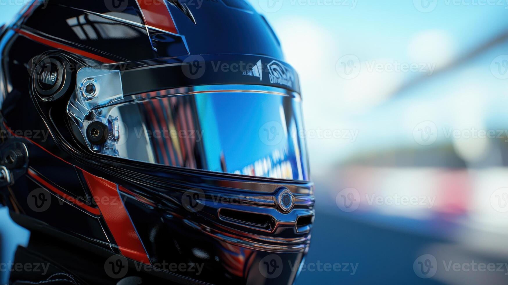 A close up of a helmet with a racing car photo