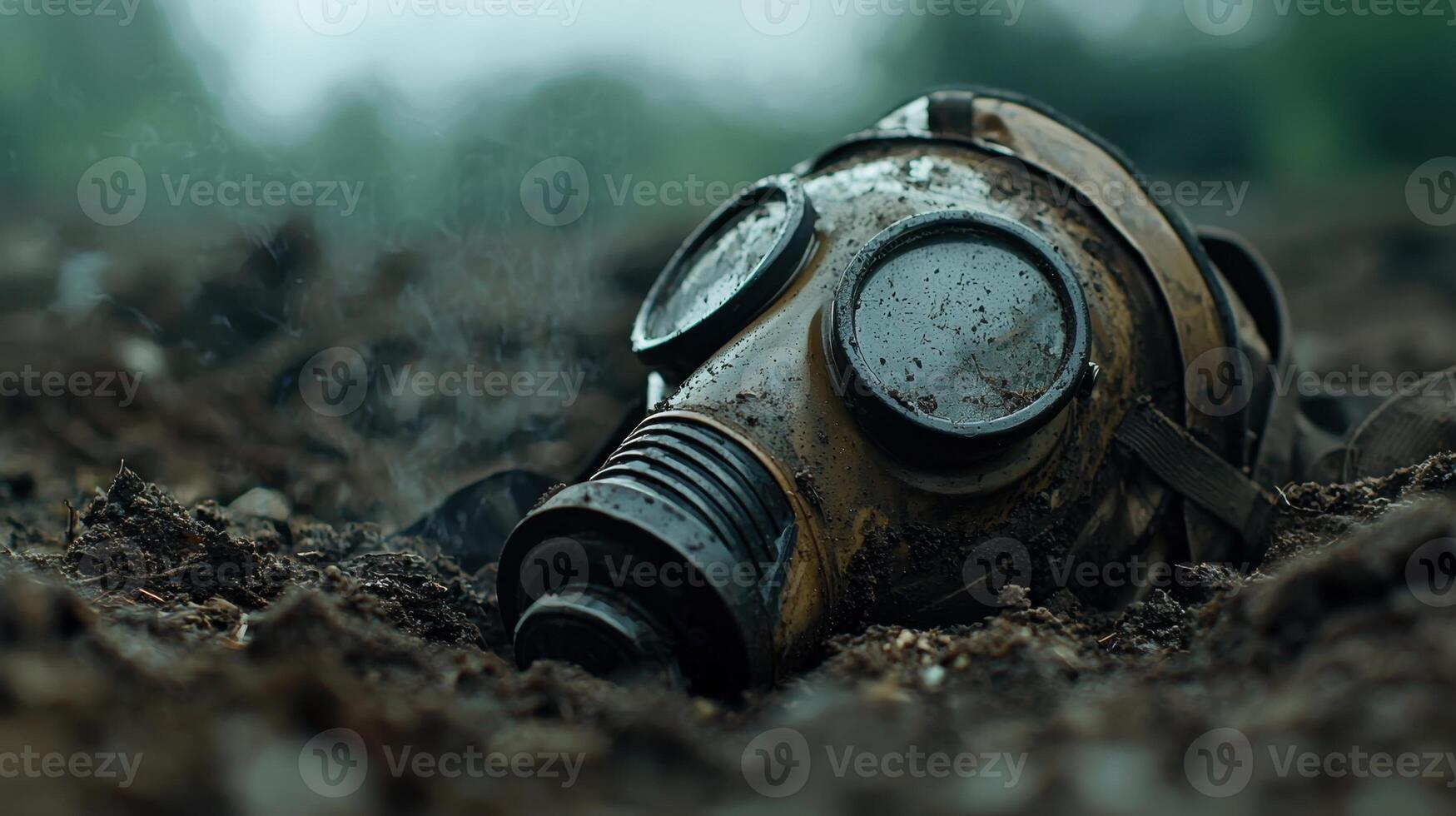 A gas mask laying in the dirt photo