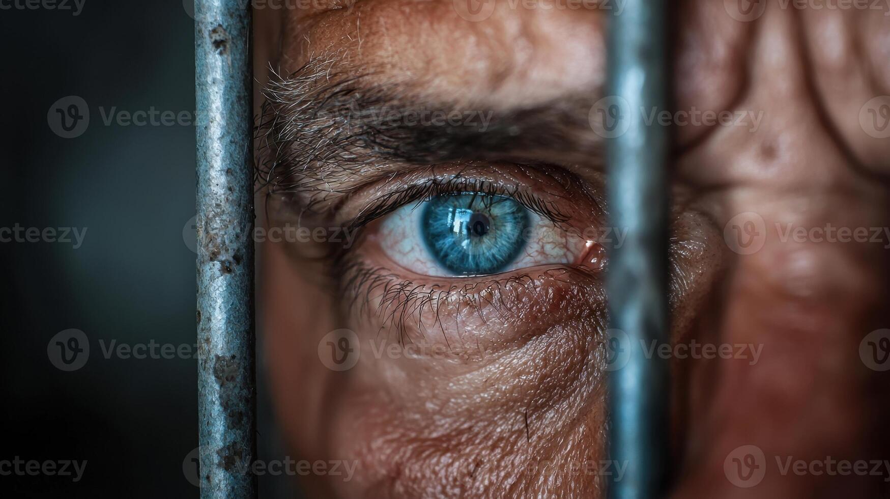 A man's eye is seen through bars of a jail cell photo