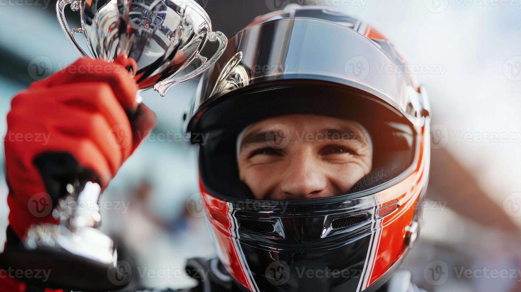 A man in a helmet holding up a trophy photo