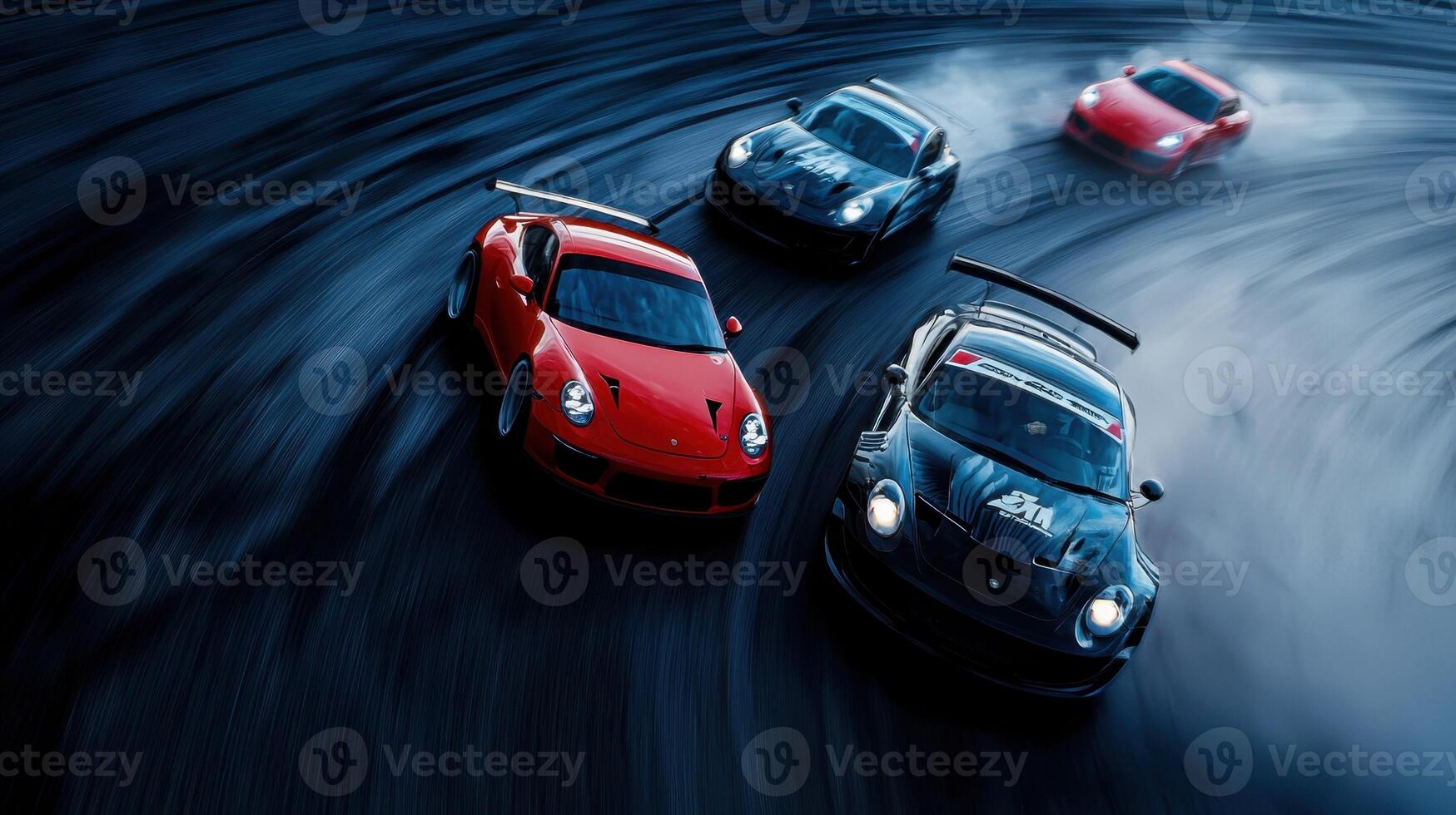 Three sports cars racing on a track photo
