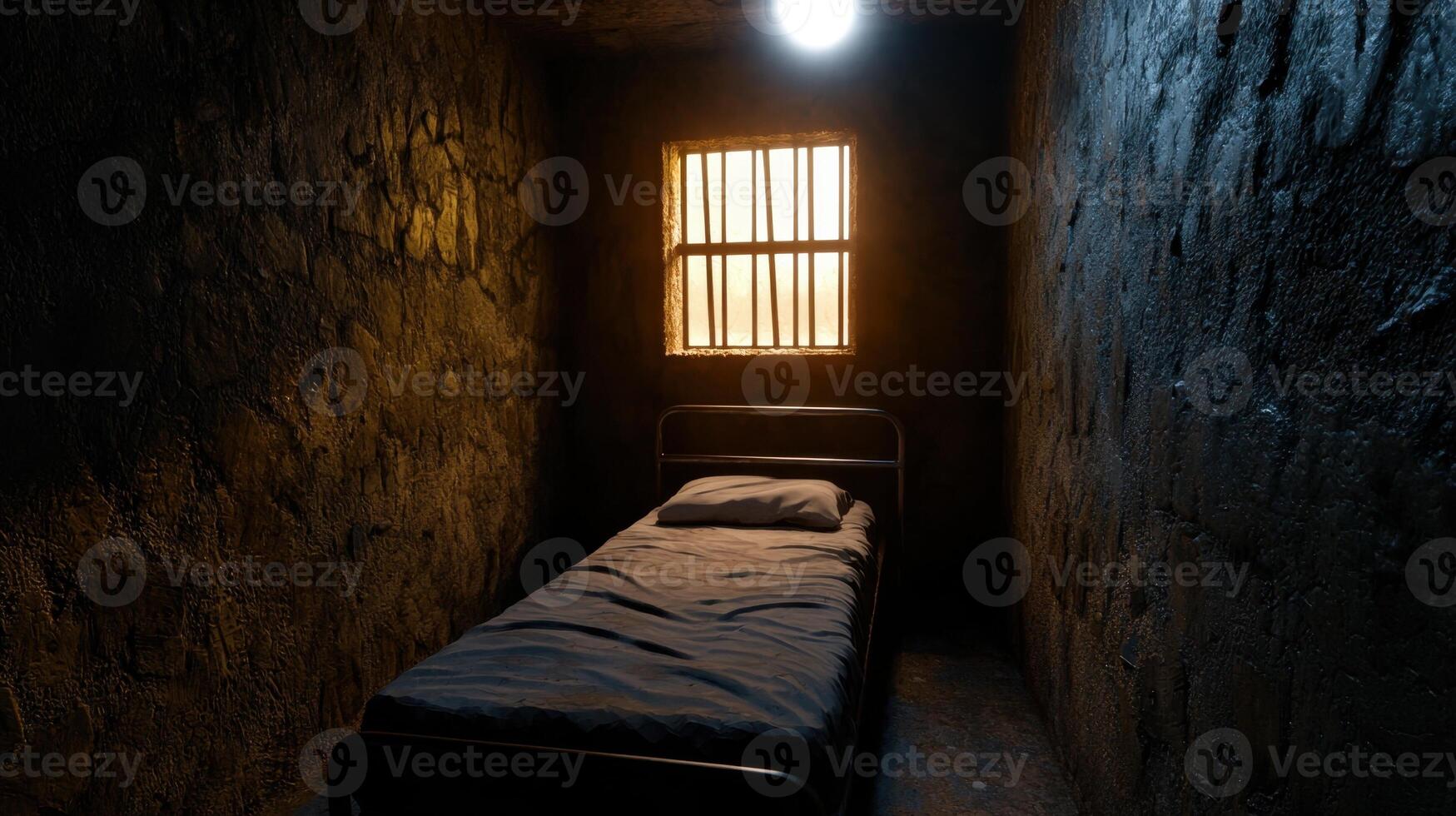 A bed in a prison cell with a window photo