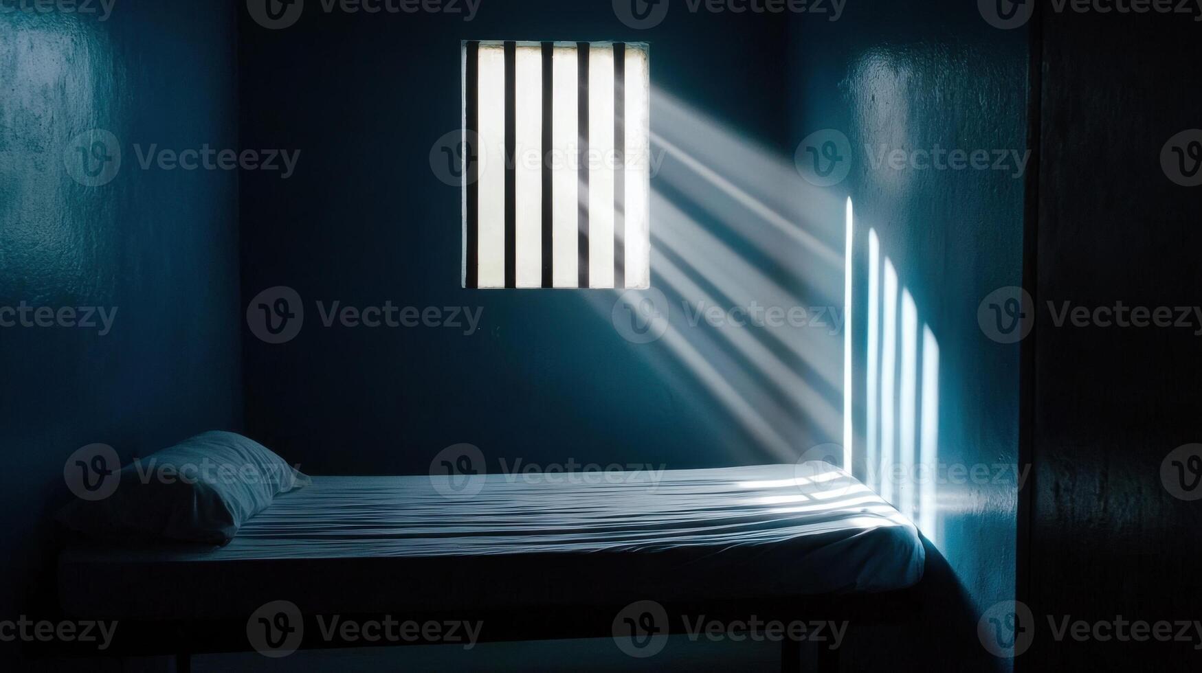A bed in a room with bars on the window photo