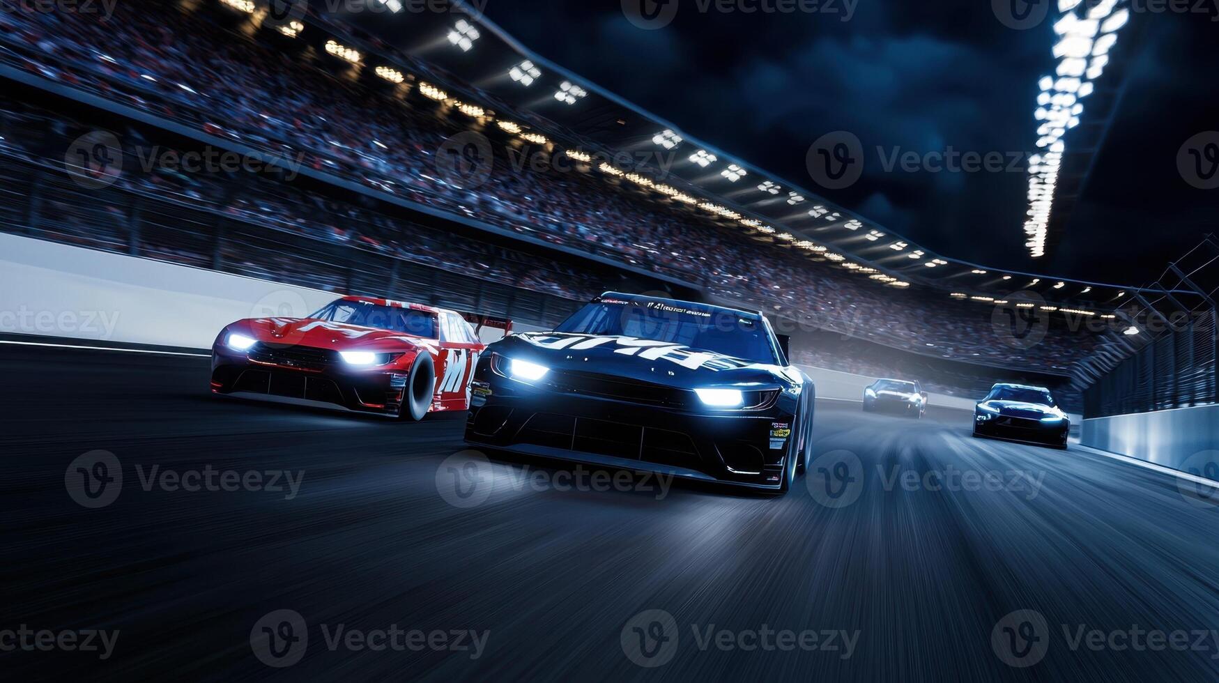 Nascar racing cars racing on the track at night photo