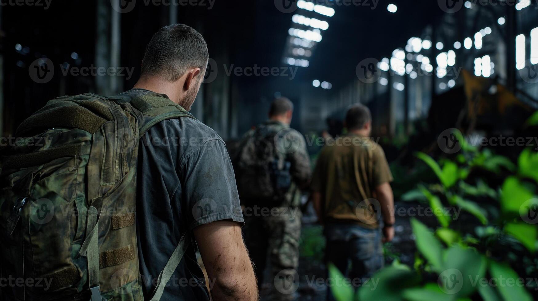 A group of soldiers walking through an abandoned building photo