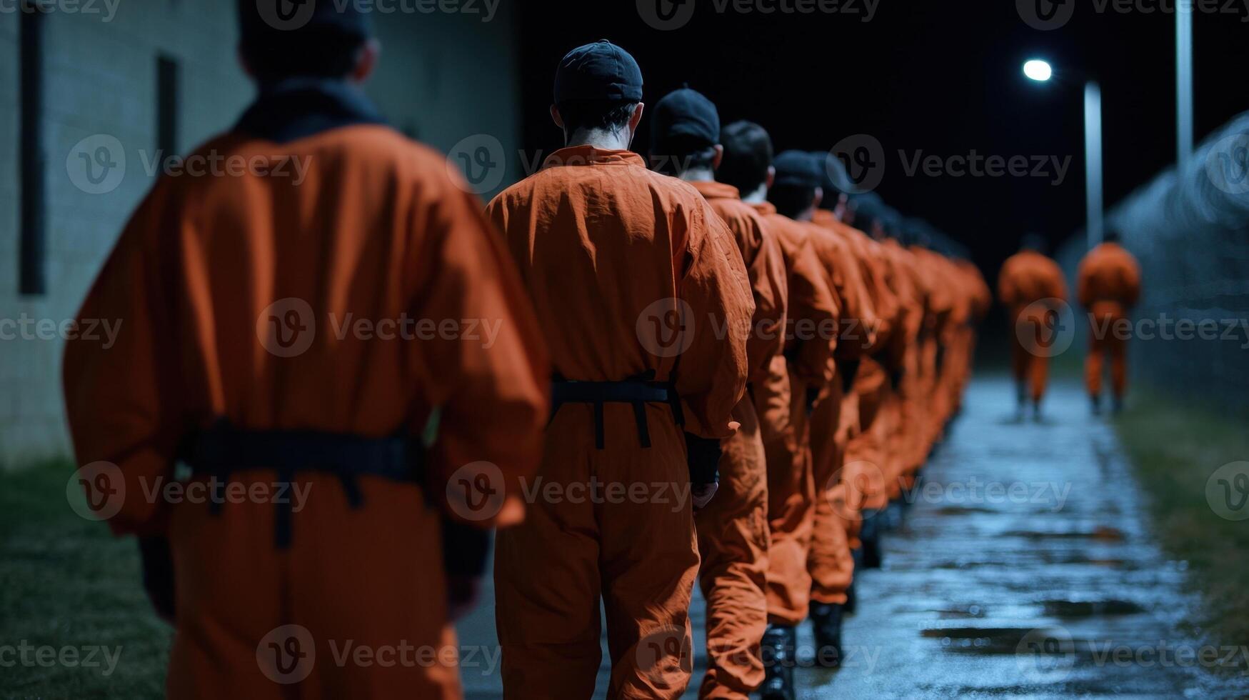 Prisoners in orange uniforms walking down a path photo