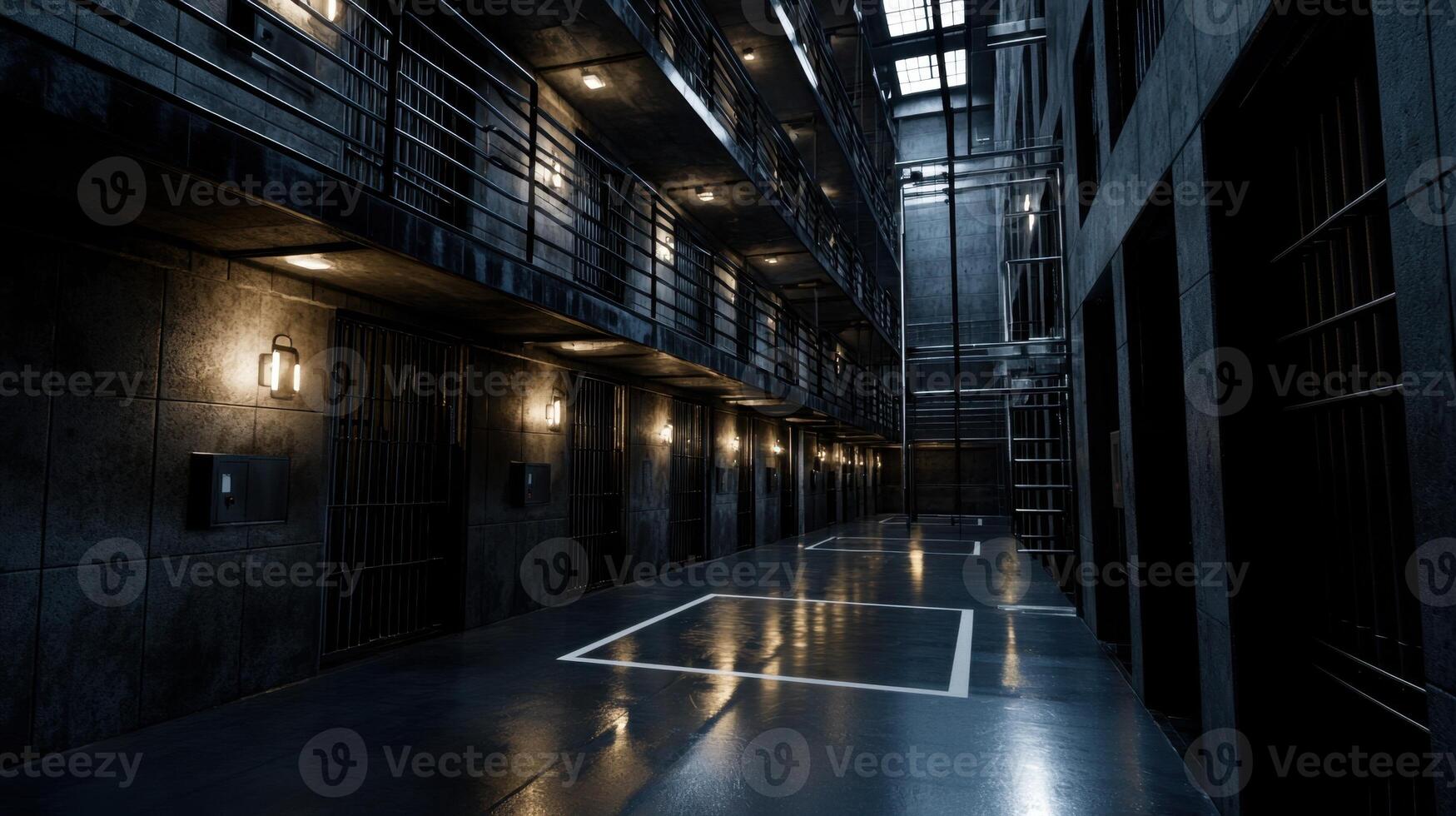 A long hallway with a lot of bars and lights photo