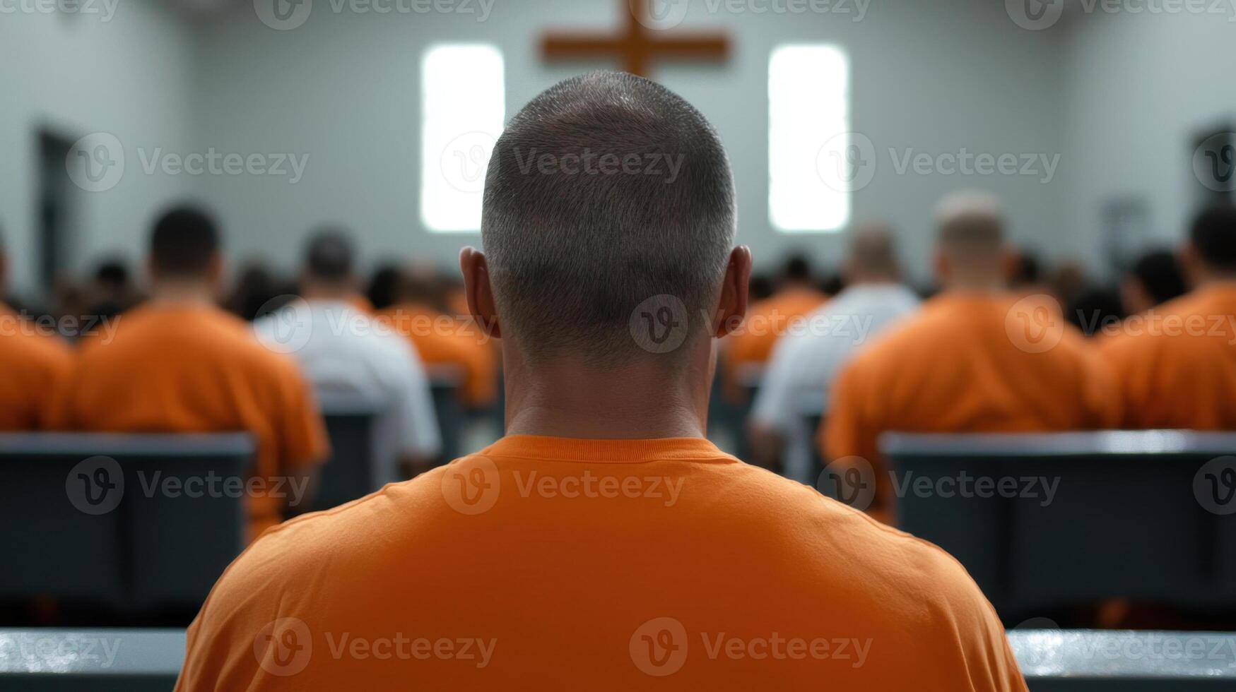 A man in an orange prison uniform sitting in a church photo