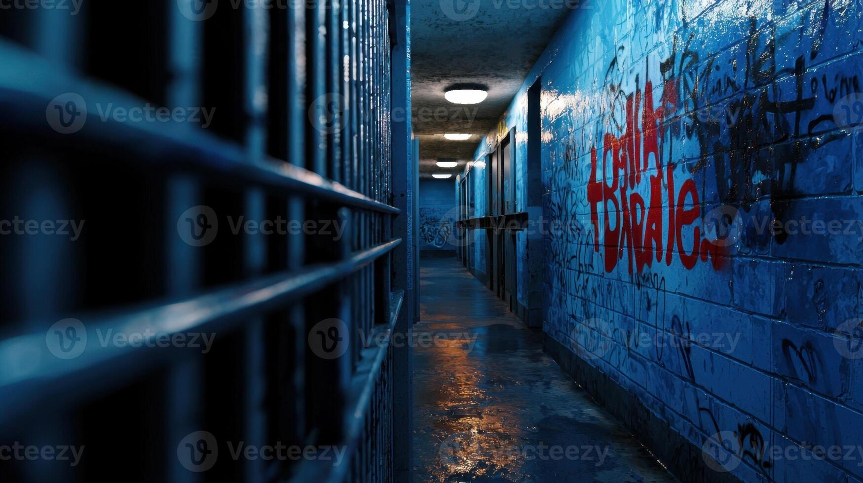 A dark hallway with graffiti on the wall photo