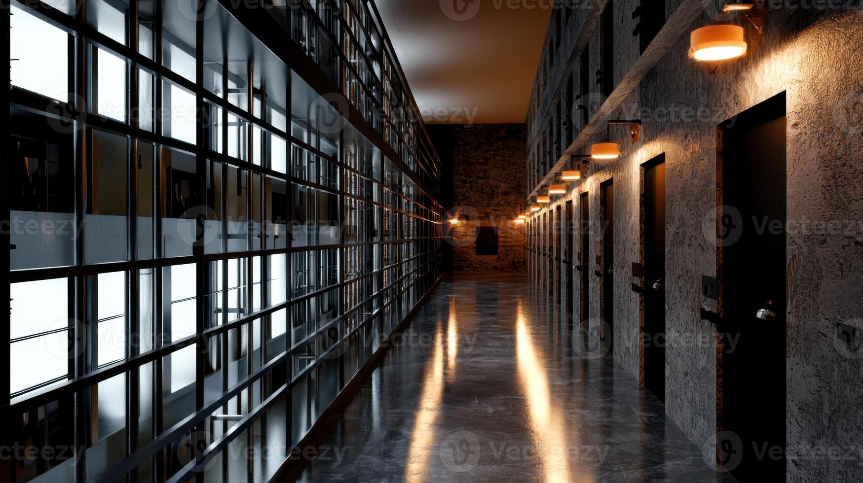 A long hallway with many windows and lights photo