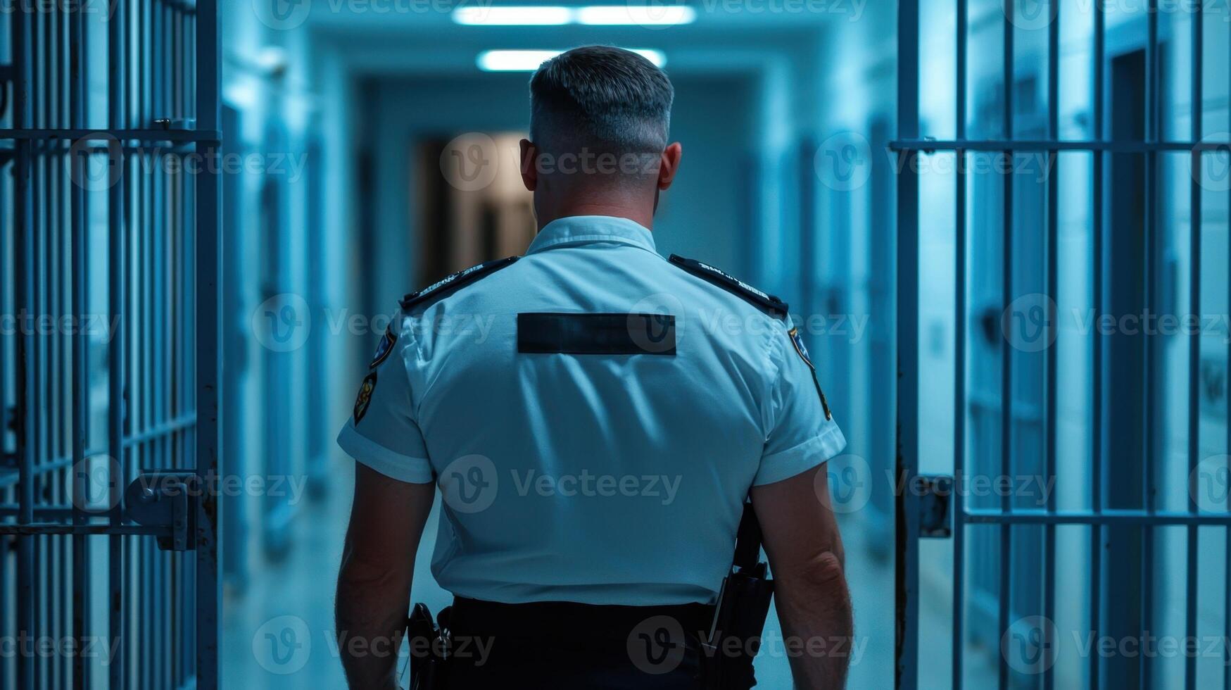 A man in a prison uniform is walking through a hallway photo