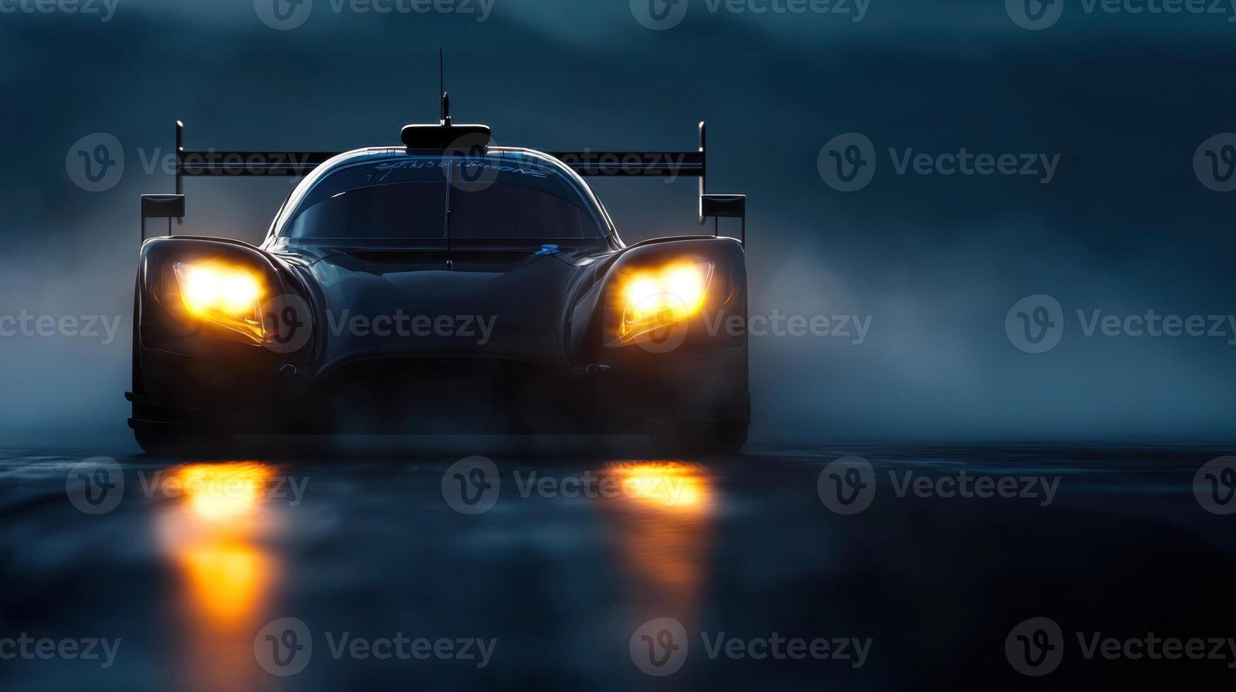 A race car driving on a wet road at night photo