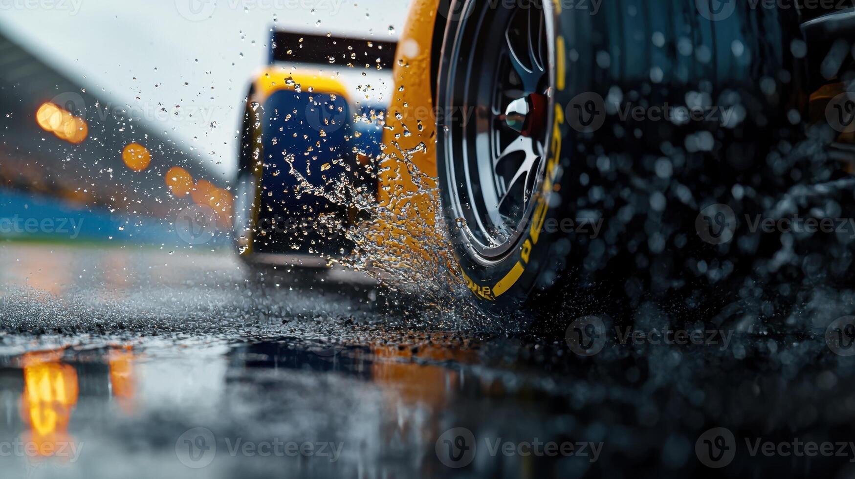 A close up of a racing car on a wet track photo