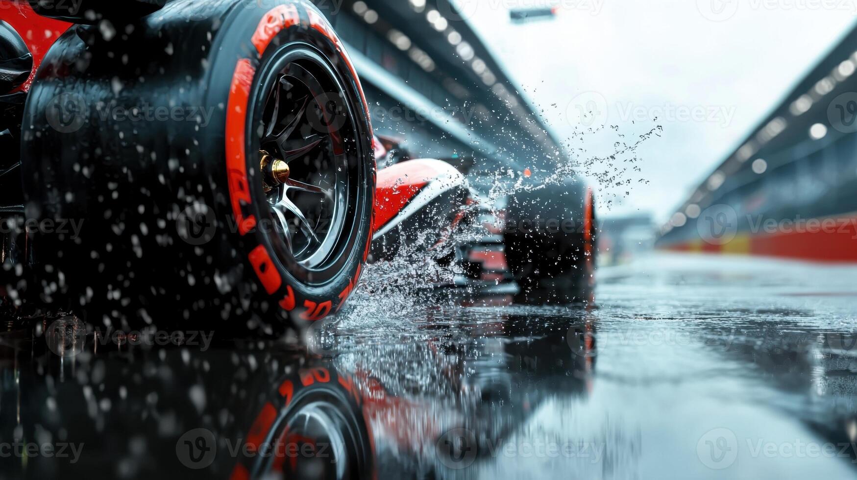 A close up of a racing car on a wet track photo