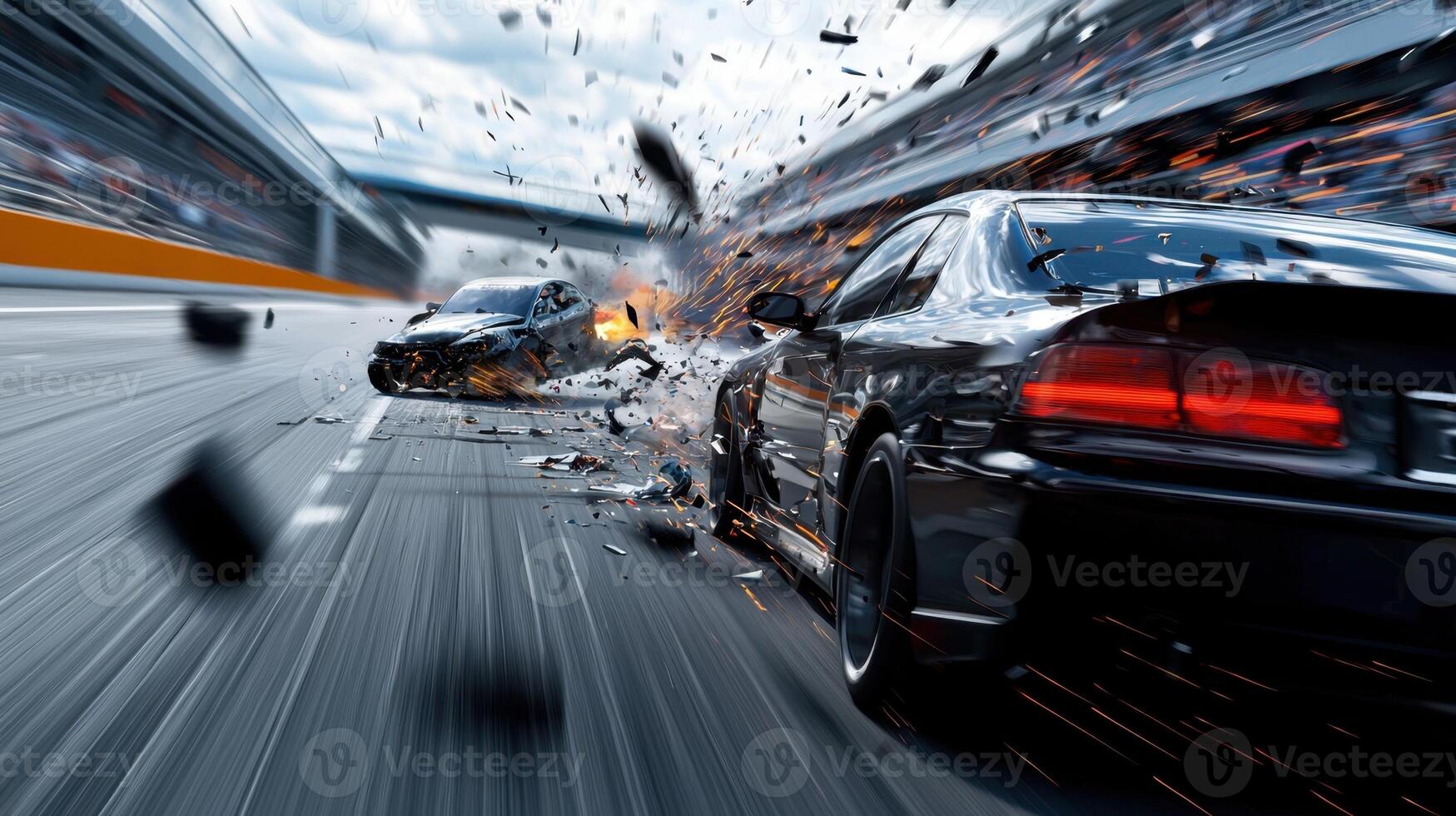 A car race with two cars crashing into each other photo