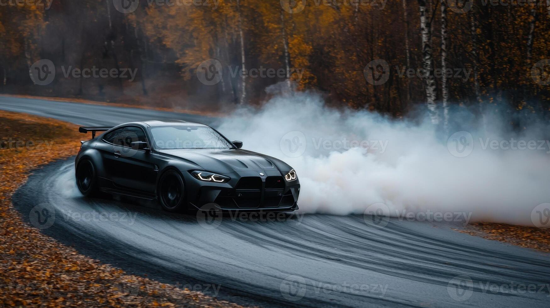 A black car is driving down a road with smoke coming out of its exhaust photo