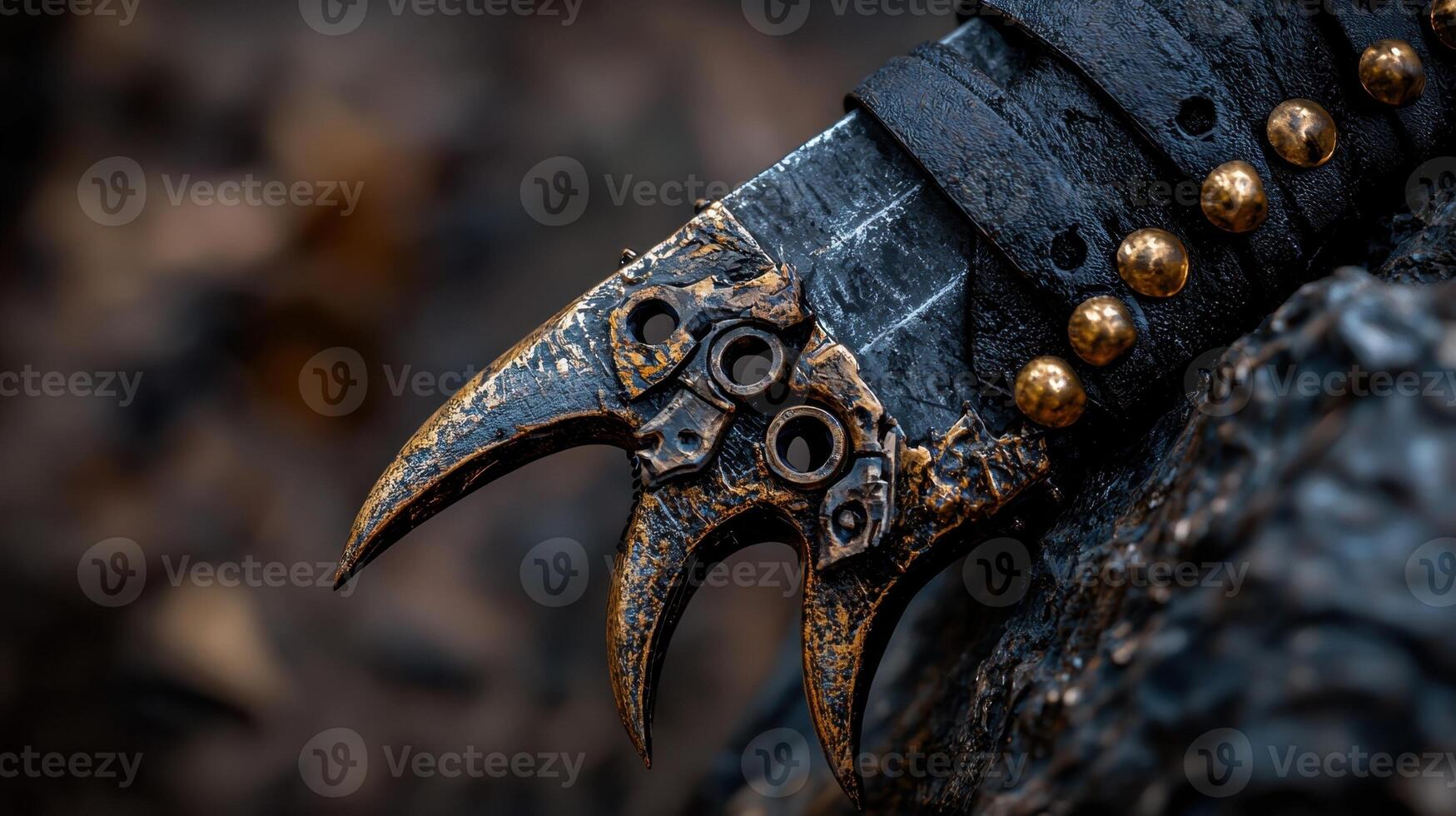 A knife with a gold handle and a black blade photo