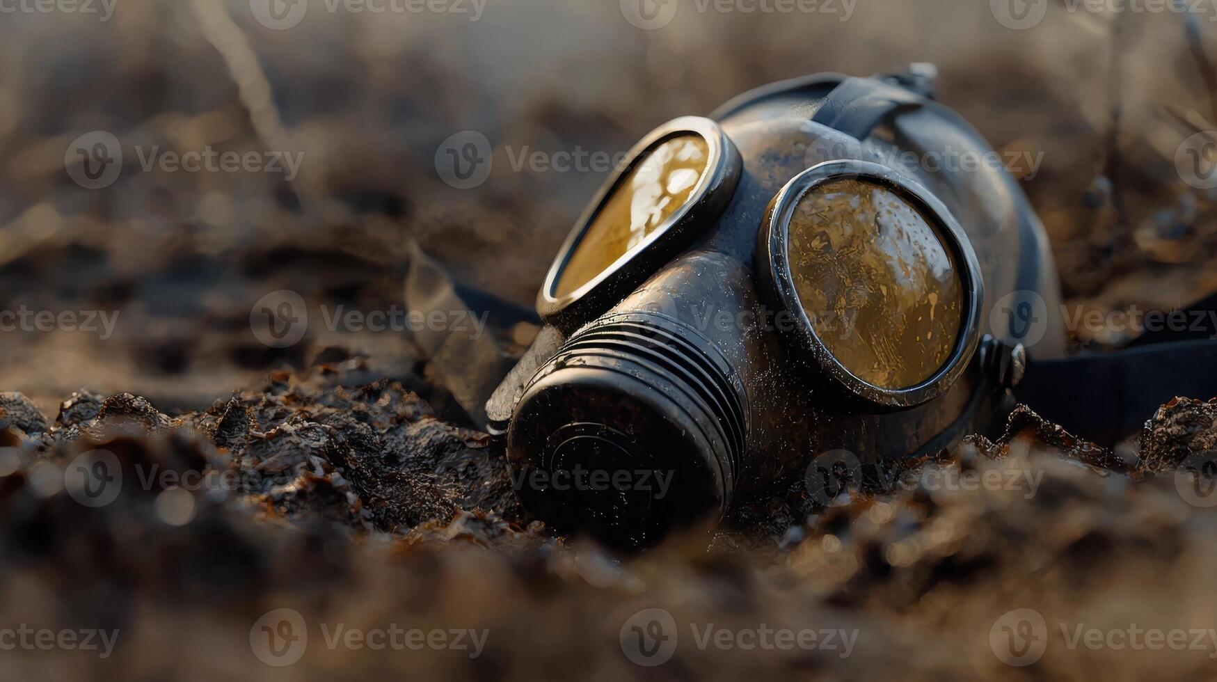 A gas mask is laying on the ground in a field photo