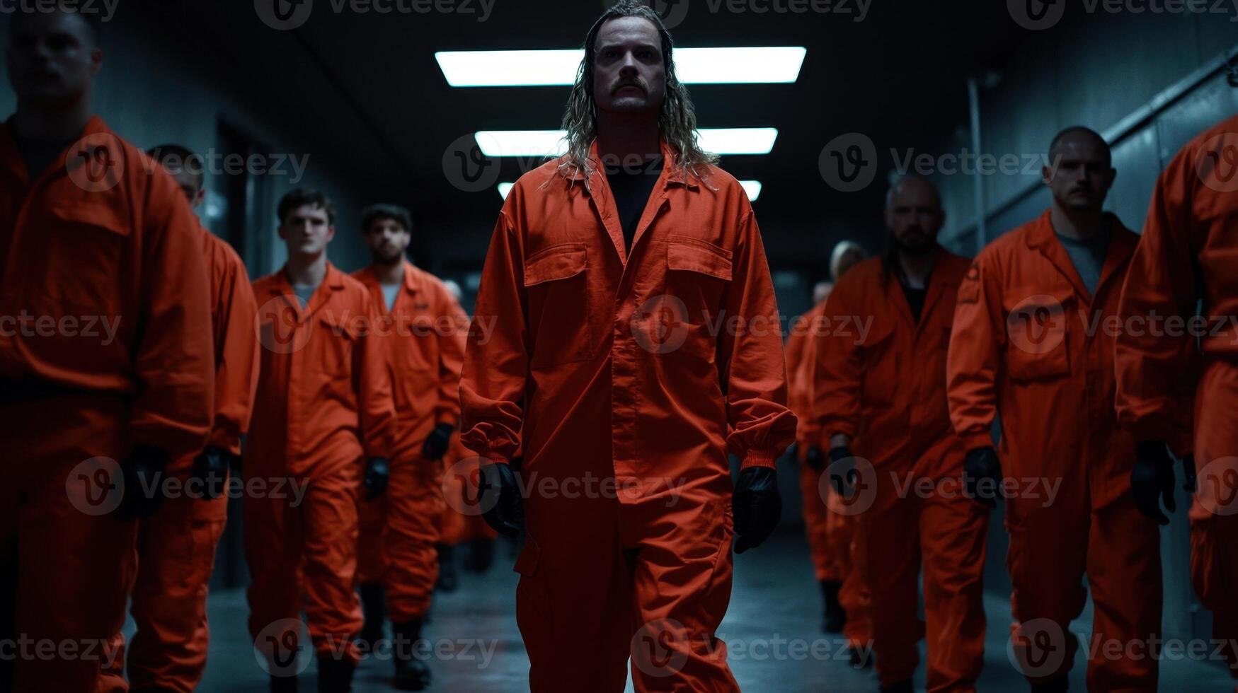 A group of men in orange jumpsuits are walking down a hallway photo