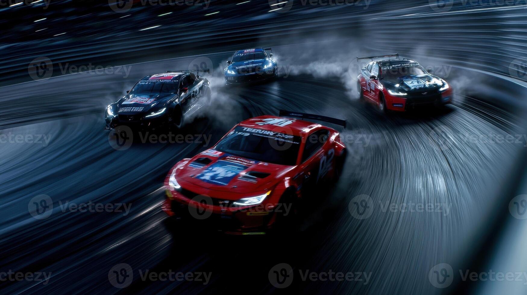 A group of racing cars are shown in a race, with one car in the lead photo
