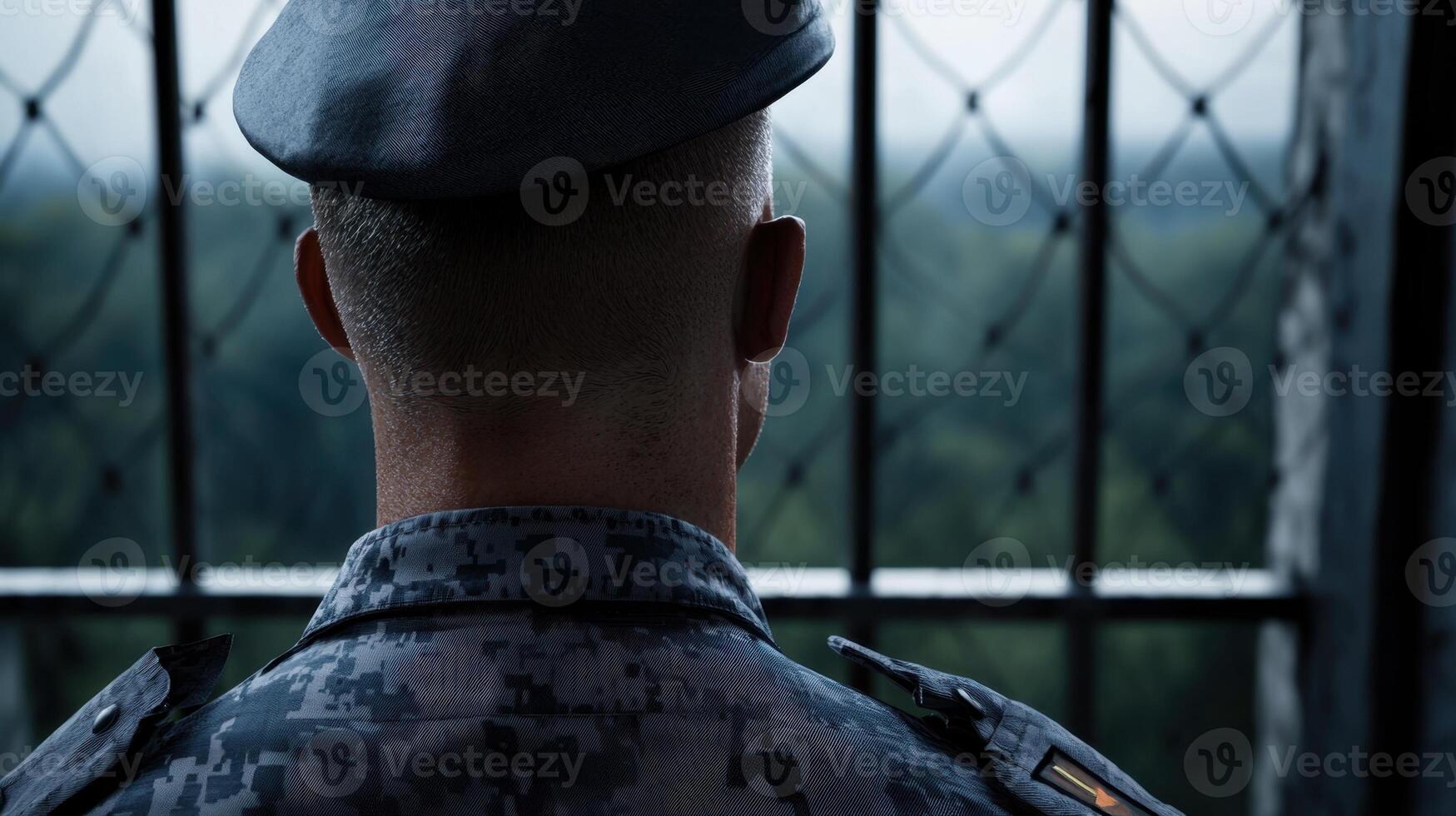 A man in a military uniform is looking out of a window photo