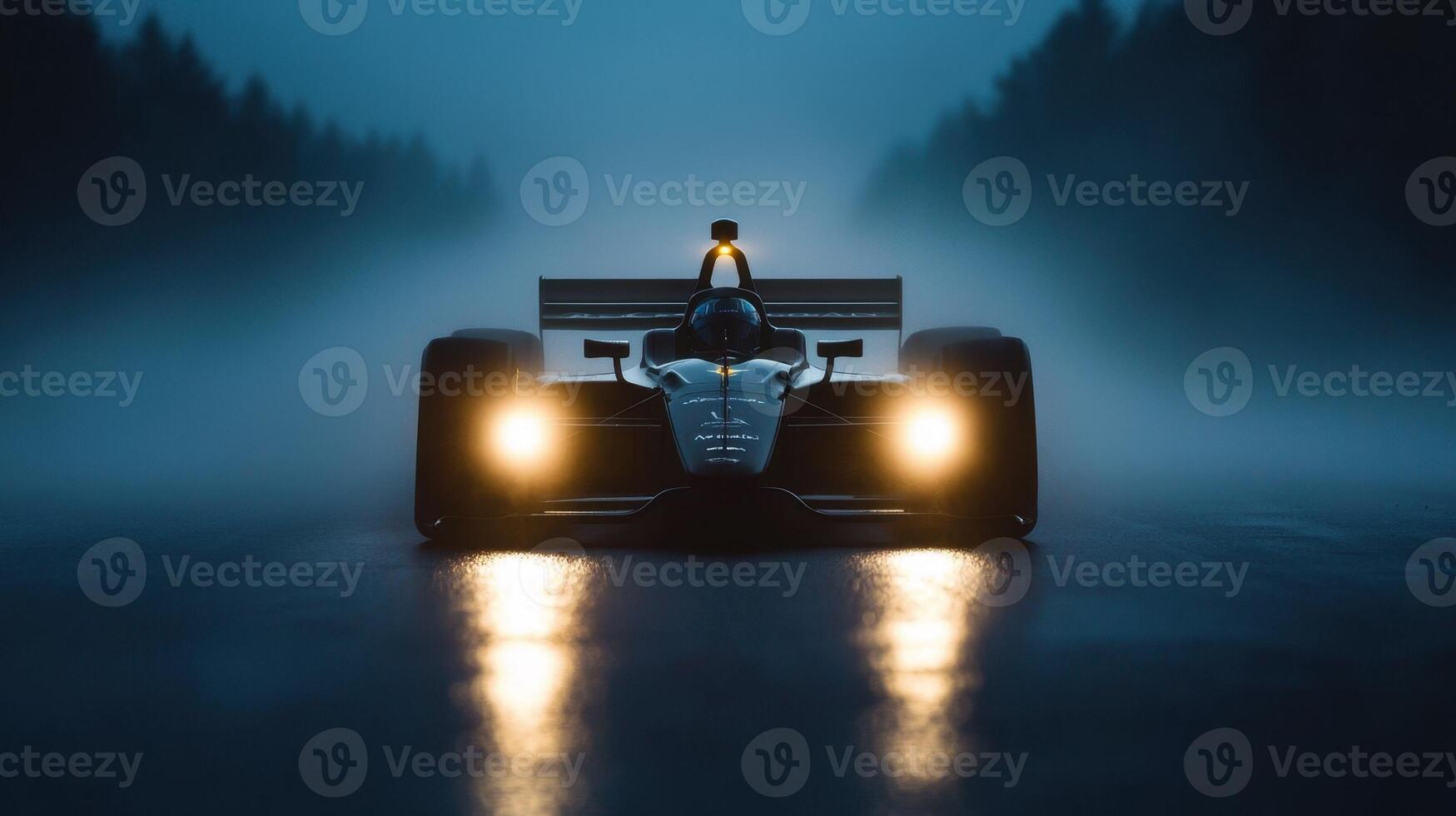 A race car is driving down a wet road at night photo