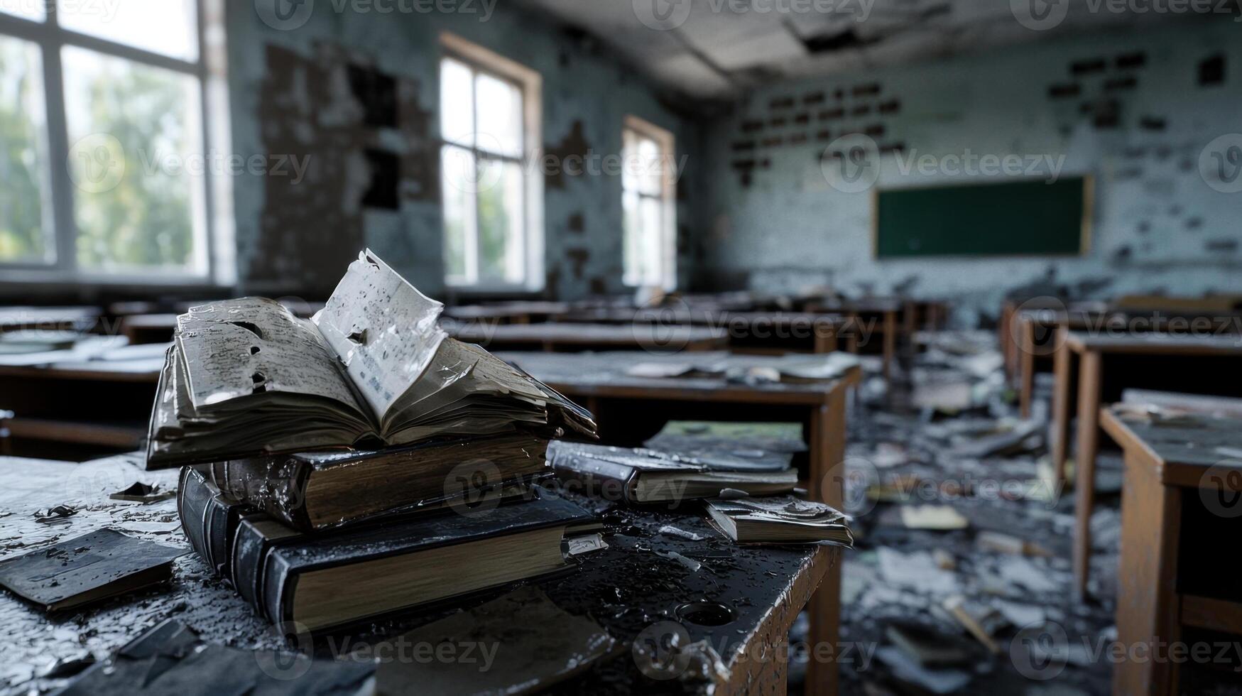A classroom with a book on top of a stack of books photo