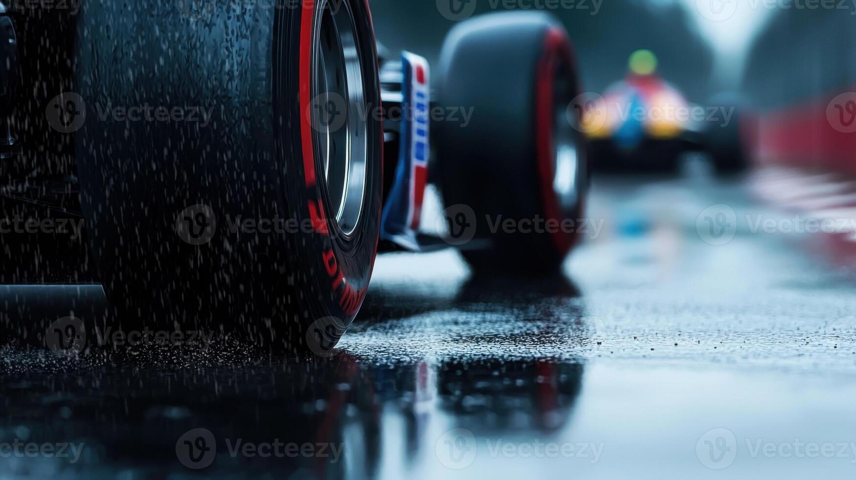 A race car with its tires wet and the other car behind it photo