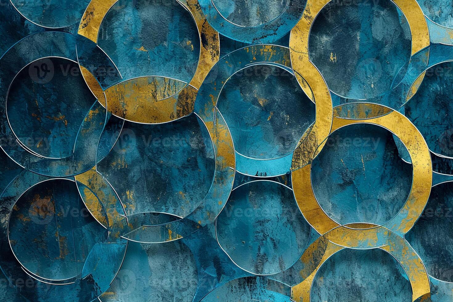 A blue and gold pattern with circles on it photo