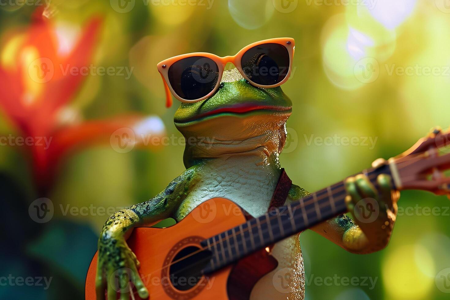 A frog wearing sunglasses playing a guitar photo