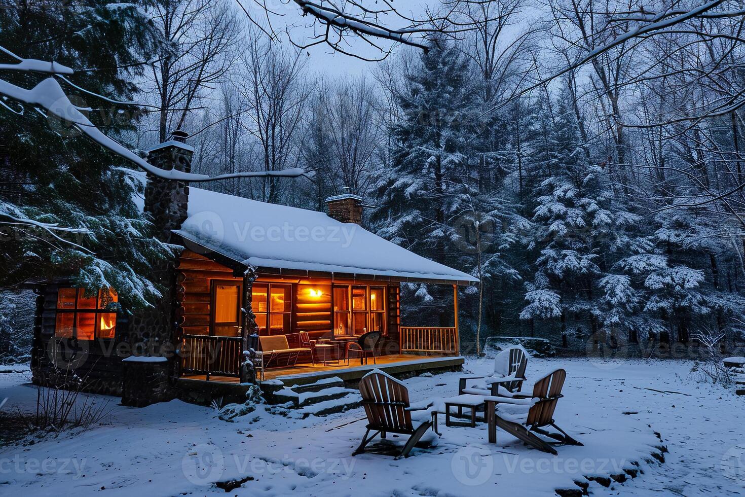 A cabin with two chairs and a table in the snow photo