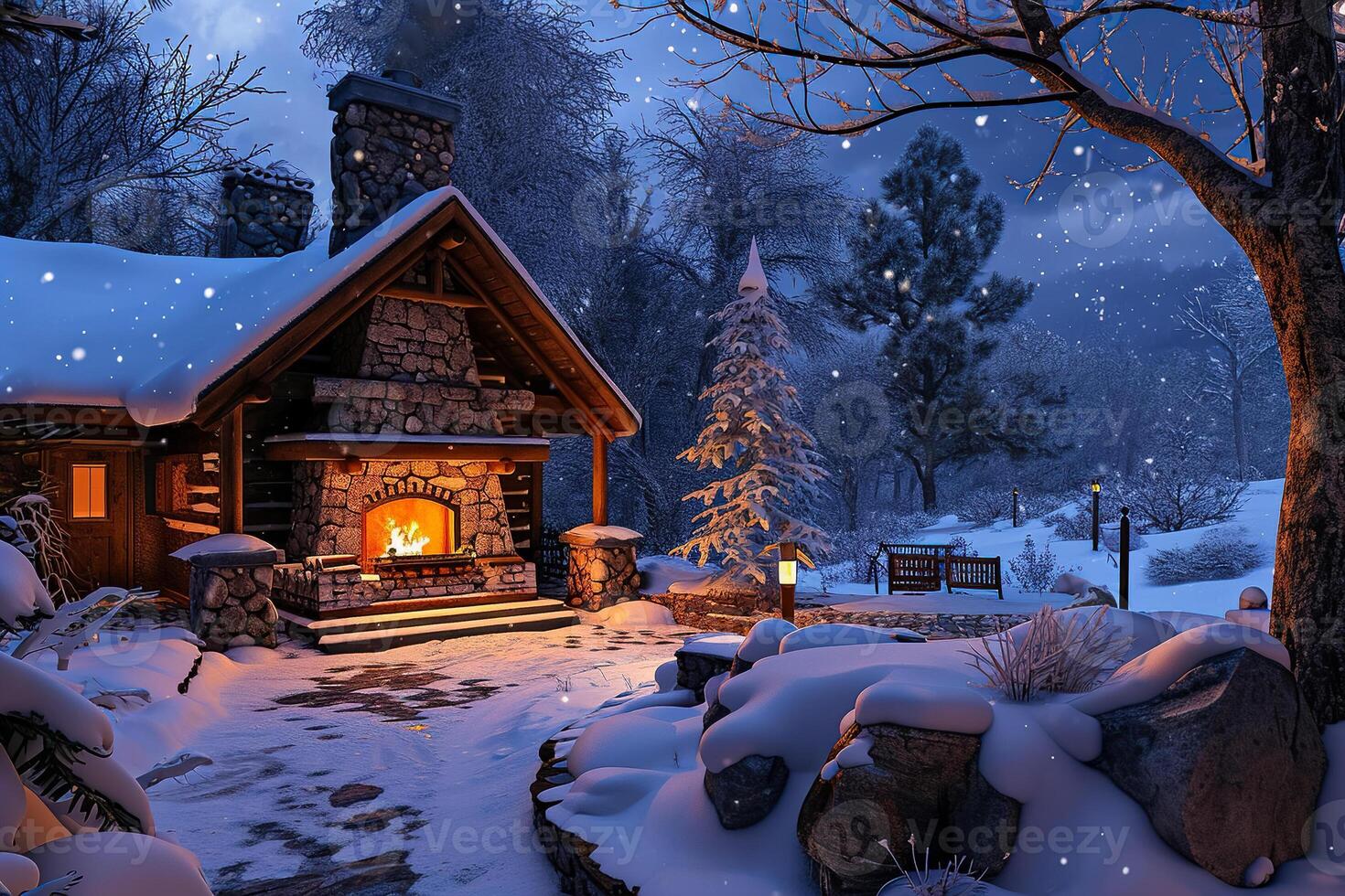 A winter scene with a fireplace and a tree photo