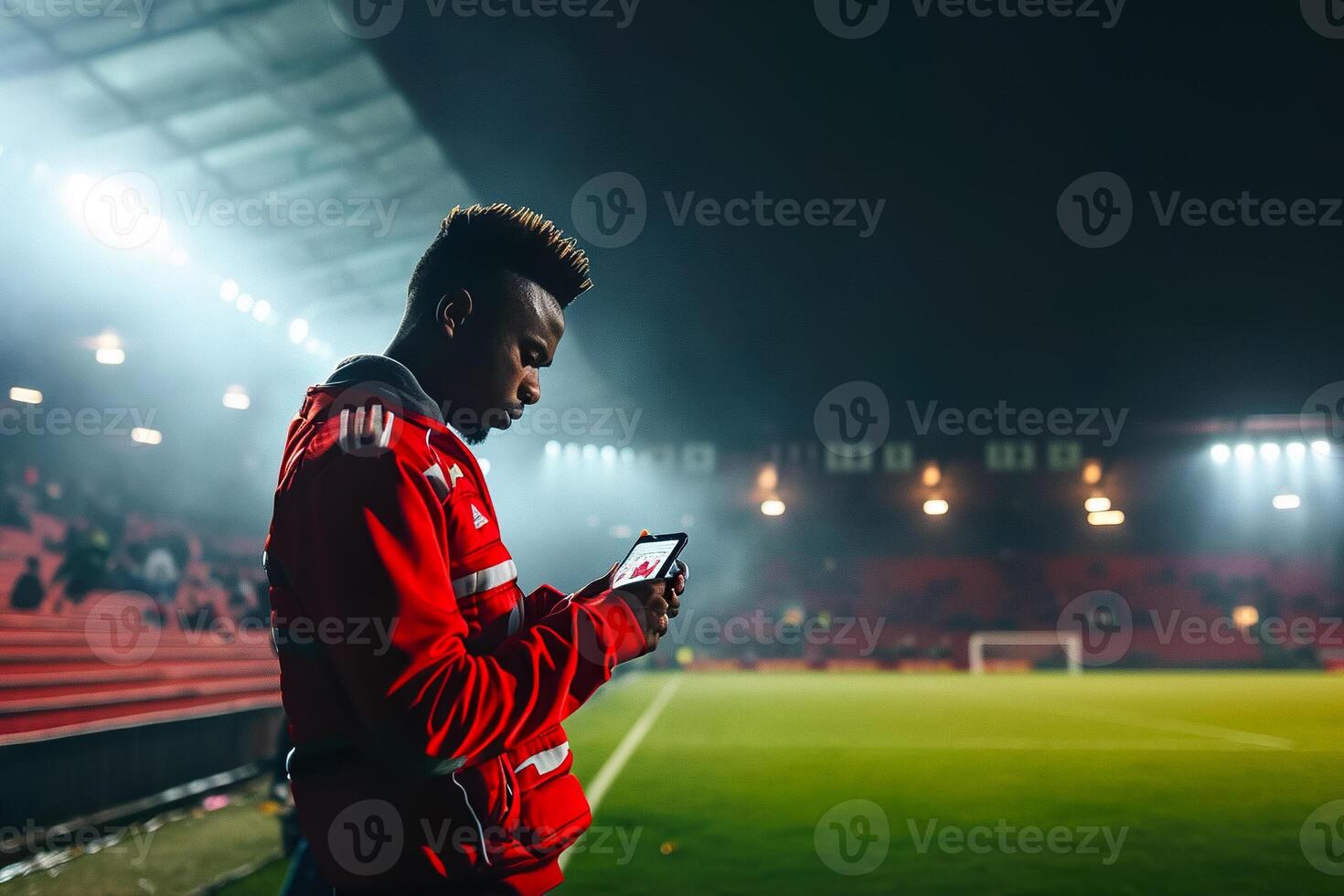 A man in red jacket standing on a soccer field photo