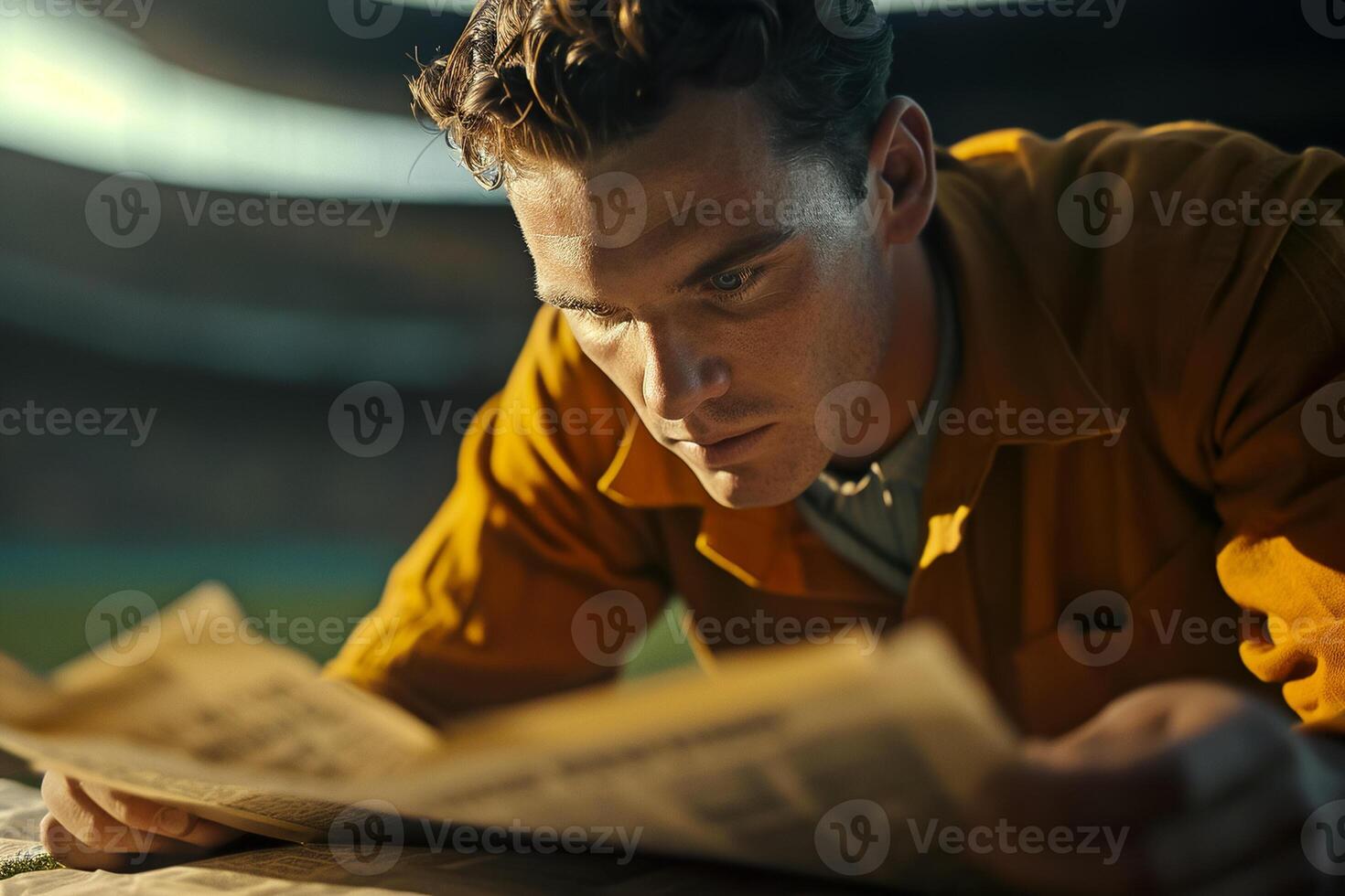 A man reading a newspaper on a field photo