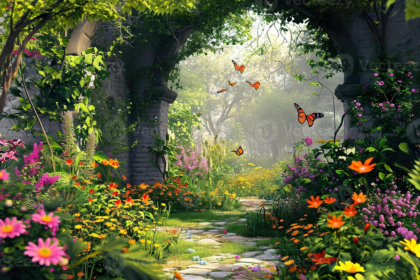 A beautiful garden with butterflies flying over it photo