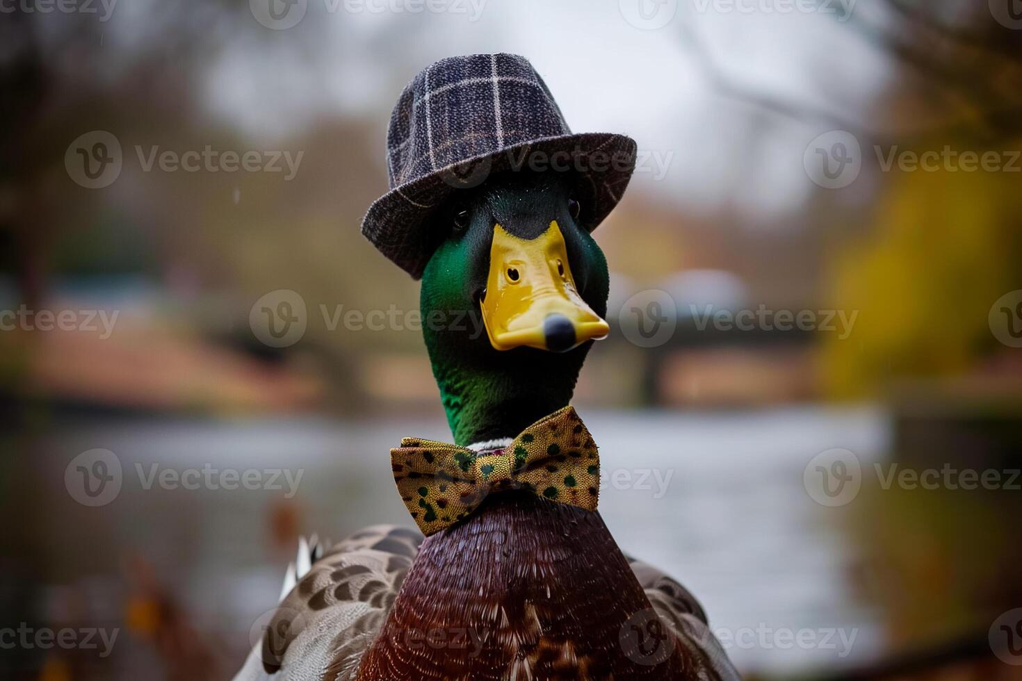 A duck wearing a hat and bow tie photo